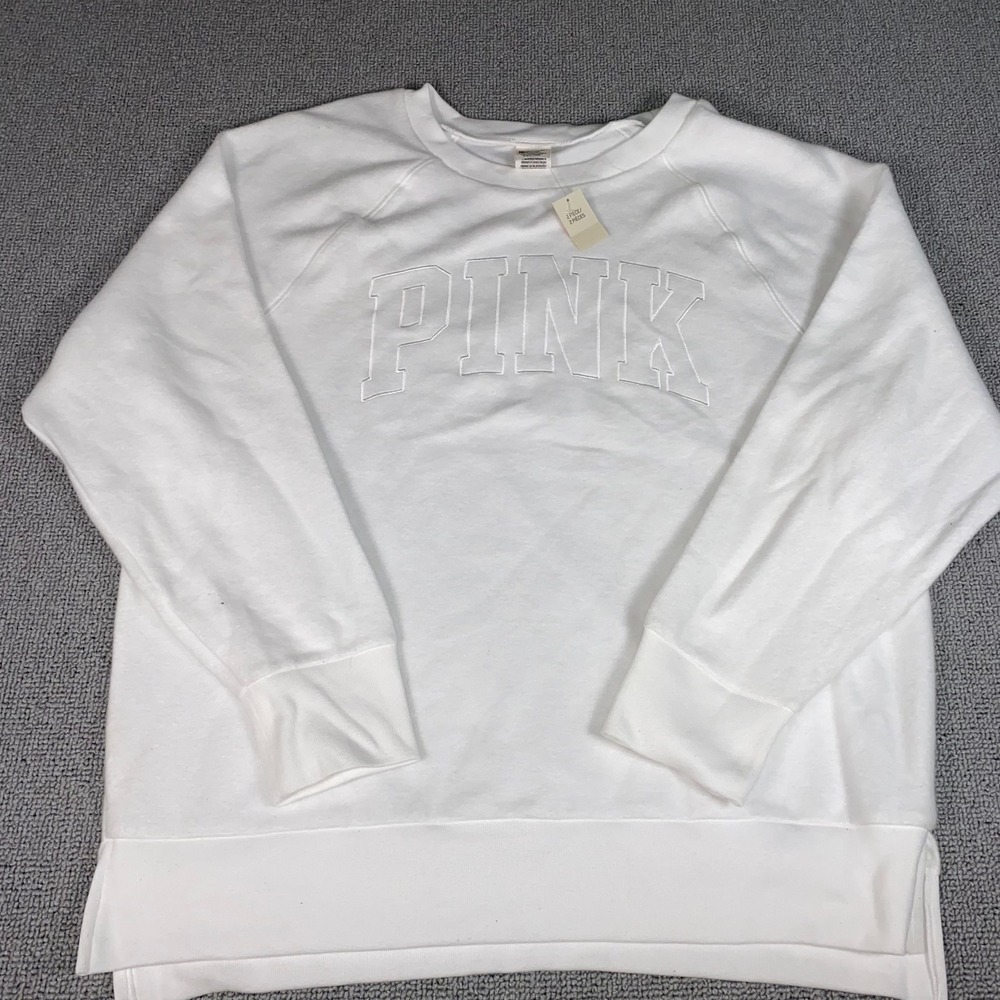 PINK Victoria's Secret Sweatshirt Women's M White Crewneck Logo NWT Pullover New